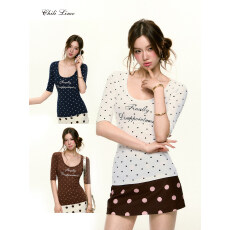 批发260克人棉辣妹复古波点u领正肩半袖<b class='q'>T</b>恤女春夏季修身显瘦中袖上衣