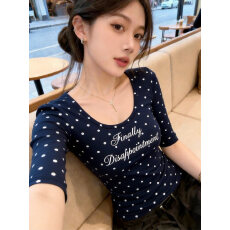 260克人棉绝美漂亮字母印花中袖波点T恤女修身内搭夏季减龄小上衣