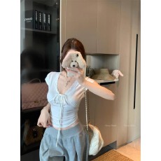 批发210克精棉蝴蝶结蕾丝V领短袖<b class='q'>T</b>恤衫女夏季修身显瘦纯欲风短款上衣