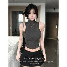 批发260克人棉御姐纯欲风<b class='q'>背心女</b>夏季高领吊带收腰露背辣妹设计感上衣