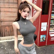 批发260克人棉灰色纯欲性感辣妹<b class='q'>背心女</b>夏季高领系带露背无袖收腰上衣