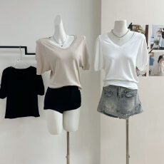 批发260克人棉软糯日常遮肉收腰<b class='q'>短袖</b><b class='q'>T</b><b class='q'>恤</b>女夏季微宽松V领打底外穿上衣