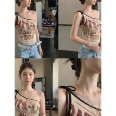 260克人棉美式复古风字母印花斜肩吊带女夏季修身显瘦系带短背心