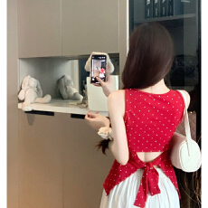 批发260克人棉甜辣妹波点<b class='q'>吊带</b>背心女夏季镂空露腰蝴蝶结小众独特上衣