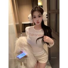 260克人棉纯欲辣妹风微透镂空蕾丝拼接打底衫女秋季修身长袖上衣