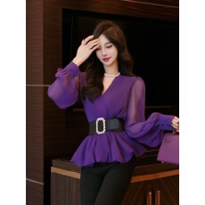 批发高级感气质优雅长袖<b class='q'>雪纺</b>衫女秋季新品蕾丝拼接高腰显瘦喇叭裤套装