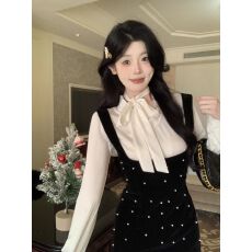 批发重工钉珠丝绒吊带连衣裙女春秋叠穿外搭法式修身短裙白色<b class='q'>衬衫</b>套装