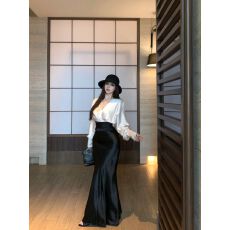 批发御姐范套装女撞色V领宽松气质绑带<b class='q'>衬衫</b>秋季新款黑色半身裙两件套