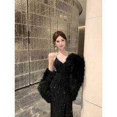 批发名媛法式温柔气质女神高级感轻烫钻亮片礼服裙收腰显瘦内搭长裙女