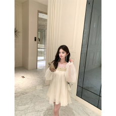 批发一字肩拼接亮片长袖连衣裙女夏季宽松<b class='q'>雪纺</b>短裙设计感气质a字裙子