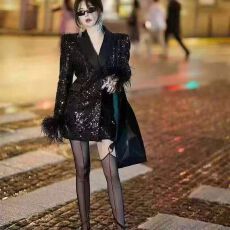 批发御姐范缎面领闪闪亮片羽毛袖收腰西服气质优雅显瘦中长款西装外套