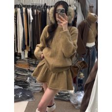 批发韩系学院风针织套装女<b class='q'>秋</b>冬款软糯宽松拉链长袖毛衣高腰短裙两件套