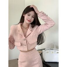 批发秋冬新款气质名媛小香风外套西装短外套高腰半身裙时尚洋气两件套