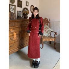 批发小香风套装女拼接<b class='q'>外套</b>上衣秋冬新款开叉半身裙甜美气质高级两件套