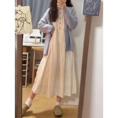 批发秋冬季森系甜美慵懒风毛衣开衫毛衣女学生+镂空中长<b class='q'>连衣裙</b>两件套