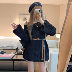 批发网红温柔风花边一字肩套头针织衫<b class='q'>中长款</b>法式气质宽松露肩软糯毛衣