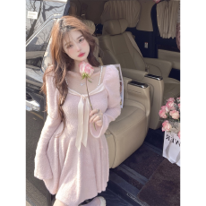 批发甜美蝴蝶结珍珠链<b class='q'>长袖</b>连衣<b class='q'>裙</b>女秋冬新款修身显瘦粉色软糯a字<b class='q'>裙</b>