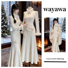 批发新中式国风高级感收腰鱼尾连衣裙<b class='q'>改良</b><b class='q'>旗袍</b>长裙修身保暖斗篷两件套