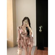 批发法式碎花v领长袖雪纺连衣裙女夏季修身绑带短<b class='q'>裤</b>裙气质收腰a字裙子