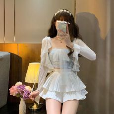 批发套装夏季辣妹蕾丝抹胸挂脖上衣甜美喇叭袖防晒开衫<b class='q'>蓬蓬</b>蛋糕裙三件