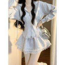 批发秋季甜美时尚上衣拼接收腰长袖卫衣高腰蕾丝<b class='q'>蓬蓬</b>短裙洋气套装裙女