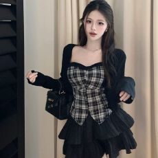 批发套装夏季辣妹抹胸吊带背心格子上衣短款高腰<b class='q'>蓬蓬</b>裙蛋糕短裙两件套