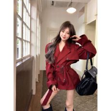 批发安哥拉红中长款<b class='q'>风衣</b>外套女秋季新款宽松显瘦双排扣长袖开衫上衣潮