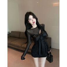 批发法式气质别致甜辣紧身<b class='q'>网纱</b>拼接纯欲性感连衣<b class='q'>裙</b>修身显瘦亮钻短<b class='q'>裙</b>女