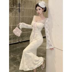 批发纯欲甜美性感蕾丝V领长袖连衣裙蝴蝶结高腰气质修身显瘦<b class='q'>包臀</b><b class='q'>长裙</b>