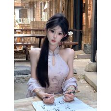 批发新中式国风套装紫色气质超仙温柔挂脖<b class='q'>吊带</b><b class='q'>连衣裙</b>女性感包臀短裙女