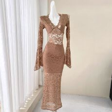 批发法式气质名媛御姐高端精致气质v领喇叭袖蕾丝连衣裙宴会晚<b class='q'>礼服</b>裙