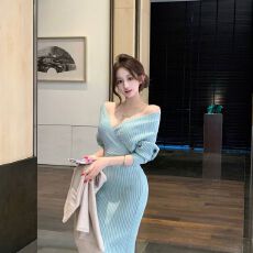 批发甜美气质针织v领露背<b class='q'>蝙蝠</b>袖收腰内搭显瘦长裙<b class='q'>连衣裙</b>子