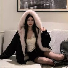 批发时尚美式座山雕两面穿毛毛连帽外套女新款派克服