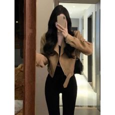批发美式复古棕色翻领短款外套女<b class='q'>秋</b>冬季新款高级感机车服皮衣夹克上衣