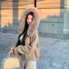 批发蕾大感毛领针织卡其色开衫女/Liedow高级朵毛衣宽松气质时尚秋冬