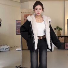 批发美式座山雕毛领连帽毛绒冬季新款网红高级感宽松派克保暖潮外套