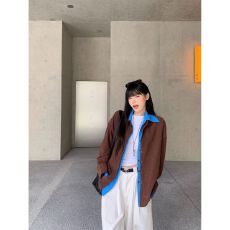 批发kumikumi美式撞色拼接<b class='q'>假两件</b>长袖<b class='q'>衬衫</b>外套女秋季宽松百搭休闲上衣