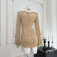 批发纯欲微胖美眉<b class='q'>蕾丝</b>花边领长袖连衣裙女秋季新款修身显瘦挂脖包臀裙