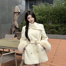 批发新款毛毛袖外套收腰减龄秋季系带中长款毛呢外套高级感宽松大衣女