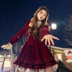 批发春季气质淑女细闪丝绒灯笼袖<b class='q'>连衣裙</b>女蝴蝶结<b class='q'>可爱</b>甜美千金蓬蓬短裙