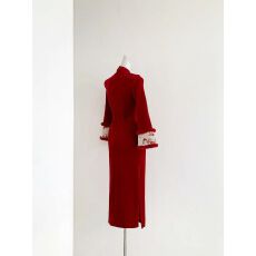 批发红色旗袍加绒加厚连衣裙2025新款冬装新中式结婚礼服套装冬季长袖