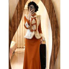 批发新中式女装橙色绲边<b class='q'>提花</b>盘扣加绒旗袍裙26冬高级感气质国风<b class='q'>连衣裙</b>