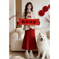 批发新中式国风穿搭复古外套大摆裙大方得体气质两件套装女冬新款套装