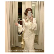 批发SISI JIANG“雪绒恋人”法式复古蕾丝宫廷喇叭袖鱼尾包臀连衣裙