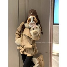 批发气质卡其色别致毛毛拼接长袖外套女冬季高级感收腰绑带开衫上衣