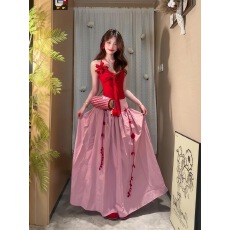 批发纯欲甜辣妹风飘带无袖<b class='q'>吊带</b><b class='q'>背心</b>女夏季高腰大摆A字半身<b class='q'>长裙</b>两件套