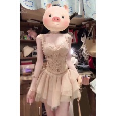 批发富家千金感穿搭套装独特漂亮绝美<b class='q'>蕾丝</b>拼接吊带背心蓬蓬短裙两件套