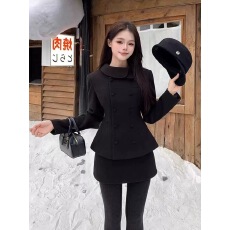 批发小香风富家千金黑色毛呢西装<b class='q'>外套</b>半裙套装冬加棉韩系小洋装两件套