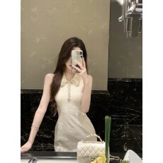 批发小香风重工钉珠polo领无袖连衣裙女夏减龄洋气收腰千金感背心裙子