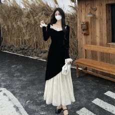 批发法式名媛复古<b class='q'>丝绒</b><b class='q'>连衣裙</b>蕾丝拼接高级感绝美宴会晚礼服裙2026